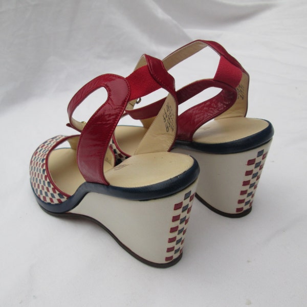 RESERVED-Vintage 1940s 40s White Navy Maroon Gingham Plaid Ankle Strap Wedges Sandals + Box -Deadstock/Nos- Saks 5th Ave-Patriotic-Nautical