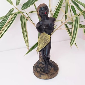 Original Vintage 1950s 50s Handpainted Tiki Hula Girl Pinup Vixen Nubian Goddess Chalkware Statue Figurine + Confetti Skirt