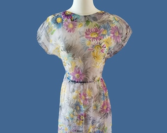 1940s Dinah Dainty Daisy Dress / Vintage 40s Flower See Through Chiffon Frock