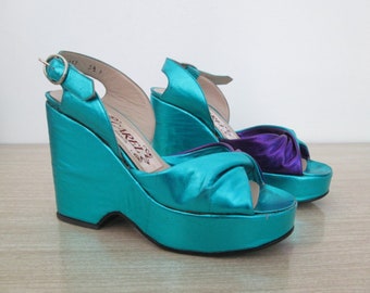 1970s Dashing Disco Darling Shoes ll Vintage 70s does 40s Blue & Purple Metallic Lame Glam Sandals Platforms Plats Wedges