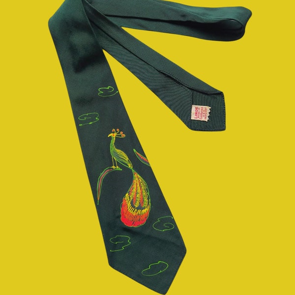 1940s Paul Perky Peacock Necktie / Vintage 40s Pine Green + Yellow + Orange + Red + Apple Green Handpainted Silk Rayon Men Tie by Linde