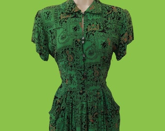1940s Cupid Crepe Dress / Vintage 40s Love Print Frock + Bow + Jug + Broken Heart + Glamourous Collar Peekaboo