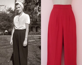 1940s Glenda Sensational Gadardine Trousers / Vintage 40s Red Pleated Pants + Wide Leg + High Waist + Side Buttons