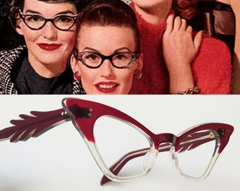 1950s Colleen Catchy Catseyes | Deadstock Vintage 50s Clear White Maroon Lucite Eyeglasses Sunglasses Frame + Sharp Wings + Arrow Dent Arms