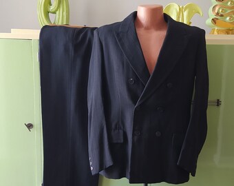 1930s 1940s Gary Gallant Gangster Suit / Vintage 30s 40s French Black + Grey Pinstripe Wool Double Breasted Peak Lapel Jacket + Slacks