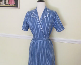 1940s Dina Dynamic Dot Day Dress / Deadstock French Vintage 40s Blue + White Cotton Wrap Summer Frock + Belt