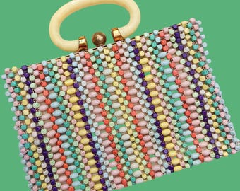 1940s Bubbly Beaded Purse / Vintage 40s Bead Handbag + Bakelite Handle