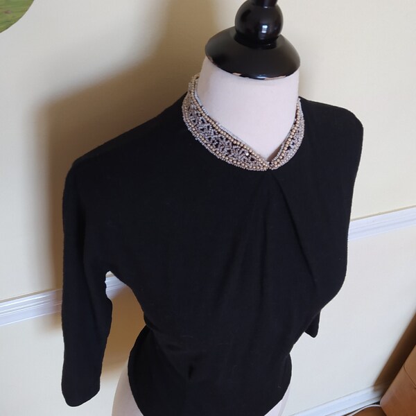1940s 1950s Exquisite Edna Embellished Knit Blouse | Vintage 40s 50s Ink Black Wool Jumper + Beads + Pearls + Rhinestones Collar