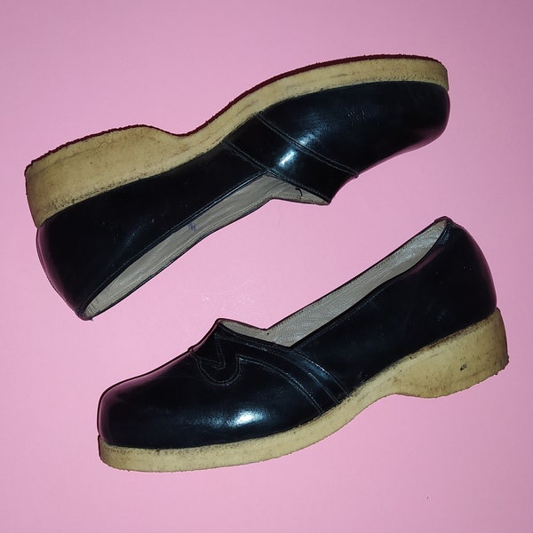 1940s Lovely Lyn Loafers | Deadstock Vintage 40s Ink Black Leather Flat Shoes + Nice Stitching Detail + Crepe Sole
