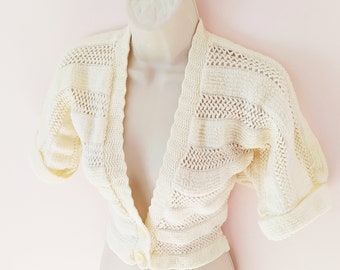 1950s Sally Sassy See Trough Sweater / Vintage 50s Ivory Nylon Striped Knit Bad Girl Cardigan + Plunging V Neck + Batwing Cuffed Sleeves