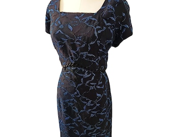 1950s Lana Lavish Lurex Dress / Vintage 50s Blue Lame Embroidered Black Crepe Wiggle Frock