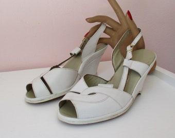 1940s 1950s Delicious Deadstock Wanda Wedges | Vintage 40s 50s French White Leather Slingback Sandals Shoes + Nice Cutouts -Bombshell-VLV
