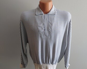 1950s Phil Polished Pullover Gaucho Shirt / Vintage 50s White + Blue Viskose Pullover Männer Hemd + Elastische Taille + Manschette / Hepcat / VLV