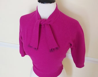 1950s Frances Fabulous Fuchsia Fur Jumper / Vintage 50s Wool + Angora Knit Pullover Sweater + Tie Collar + 3/4 Sleeves / Pinup / Bombshell