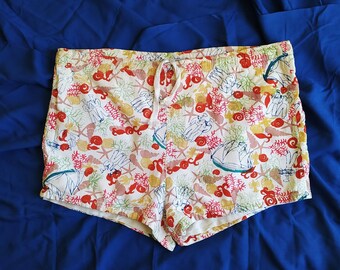 1940s Simon Sail Away Sailor Swimsuit / Vintage 40s Hawaiian Men Trun Swimwear + Sailboat + Lobster + Seashell + Starfish, + Coral Print