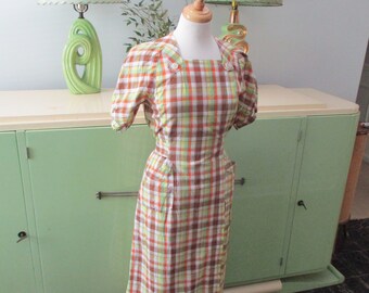 1930s 1940s Dottie Darling Day Dress / Deadstock Vintage 30s 40s White, Brown, Yellow, Green, Orange Plaid Frock + Balloon Sleeves + Belt