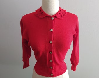 1940s Lavish Lipstick Red Cardigan / Deadstock 40s Wool Knit Buttoned Sweater + Chenille Flower Cutout Collar + High Ribbed Waistband
