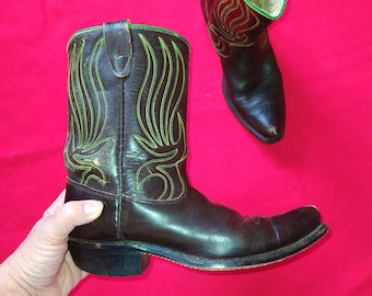 1940s Shirley Shortie Cowgirl Boots / Vintage 40s Brown Leather Western Peewee Ladies Boots + Yellow + Green Embroideries + Cuban Heels
