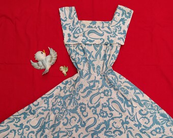 1940s Cheerful Cherub Dress / Vintage 40s White + Aqua Blue Angel Flower Leaf Print Cotton Frock + Boatneck Collar