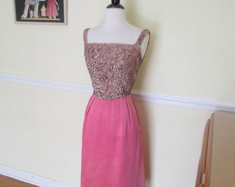 1950s Suzy Sensational Soutache Sequined Gown / Vintage 50s Pink Emma Domb Cocktail Party Dress / Bombshell / Vixen / VLV