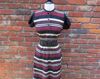 1950s Fran Fantastic Flecked Frock /  Vintage 50s Ivory Black Red Blue Fleck Striped Wool Wiggle Dress