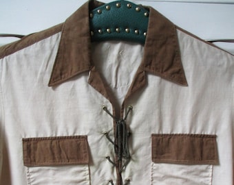 1930s Tony Two Tone Shirt / French Deadstock Vintage 30s Brown + Beige Cotton Men Shirt + Laced Collar
