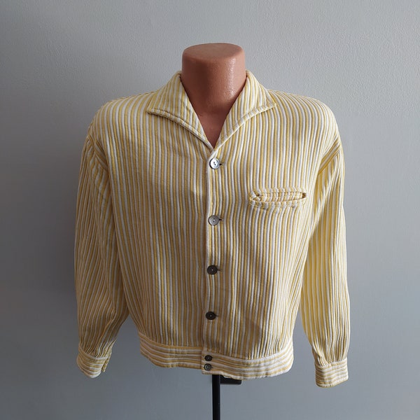 1950s Stuart Sharp Striped Gaucho Shirt / Vintage 50s Yellow + White Stripe Cotton Men Shirt + Back Elastic Waist + Italian Collar / Hepcat
