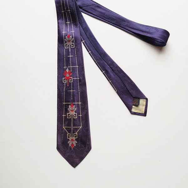 1940s Darrell Dapper Necktie / Vintage 40s Purple-ish Blue Silk Satin Men Tie + Ivory + Red + Grey Flower Trophy Print