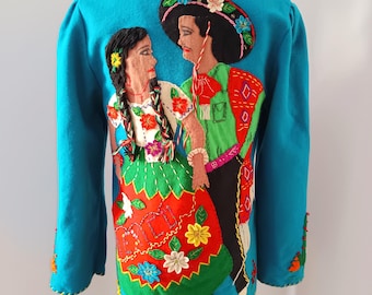 1940er Jahre Mary Magnificent Jacke / Vintage 40s Souvenir mexikanische Jacke in Aqua-Blau