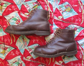 1940s Bob Boundless Brown Boots / Vintage 40s Leather Square Toe Men Work Lace-Up Shoes Short Low Boots