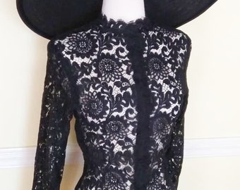 1940s Rita Ravishing Risque Blouse / Vintage 40s Ink Black Lace See Through Shirt / Bombshell / Vixen / Old Hollywood Glamour