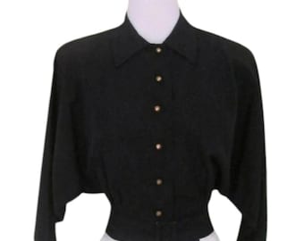 1940er Jahre Jeans Jacke / Vintage 40er Jahre Tinte Schwarz Geknöpfte Taille + Gepolsterte Schultern + Fledermausärmel