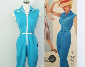 1950s Barb Bad Girl Best Jumpsuit / Deadstock Vintage 50s Aqua Blue + White Trim Cotton Catsuit / JD / Pinup / Bombshell / Vixen / VLV