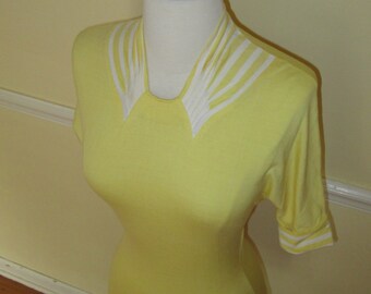 Amazing Vintage 1940s 40s Lemon Yellow Knit Top Jumper with White Stripes -Deadstock/Nos- Bad Girl-Marilyn-JD-Pinup-Bombshell-Vixen-VLV