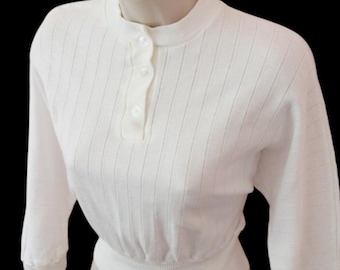 1950s ultimative Wild One Top / Deadstock Vintage 1950er 50s Weißer Baumwoll Strick Pullover + Fledermausärmel