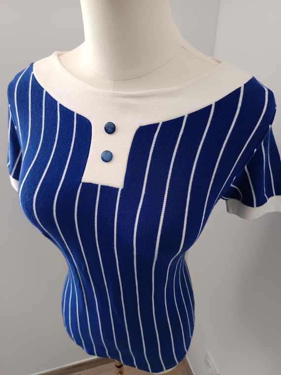 1950s Bettie Baddest Bad Girl Top / Deadstock Vintage 50s Blue + White Striped Cotton Knit Tee