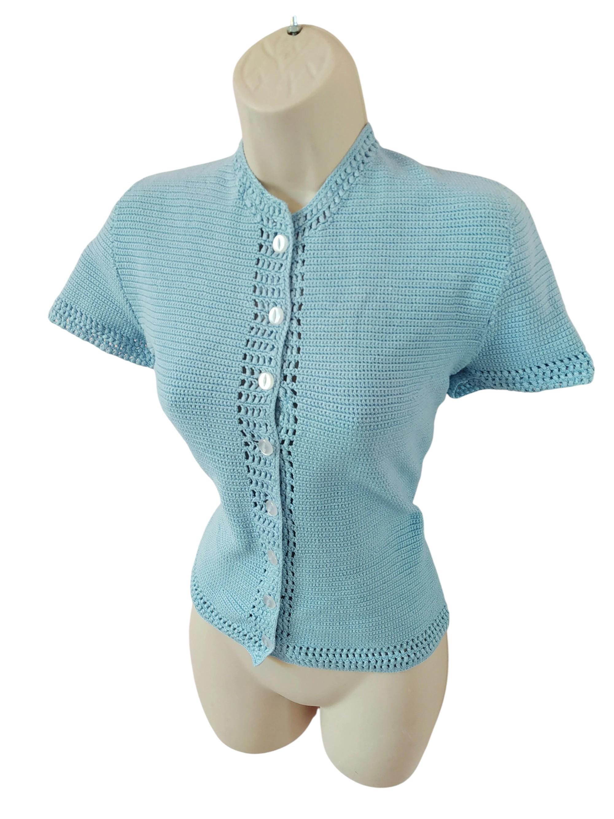 1940s Celestial Cotton Crochet Top / Vintage 40s Blue Knit