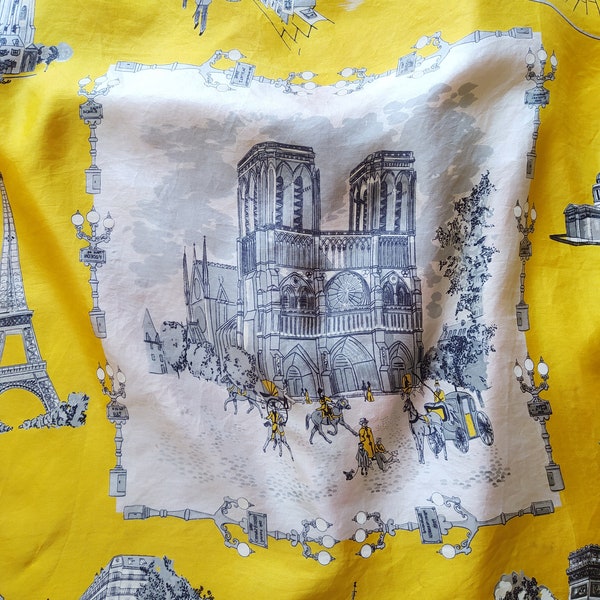 1940s Pauline Passionate Paris Satin Scarf / Vintage 40s Parisian Monument Print Souvenir Scarf + Eiffel Tower + Notre Dame + Champs Elysees