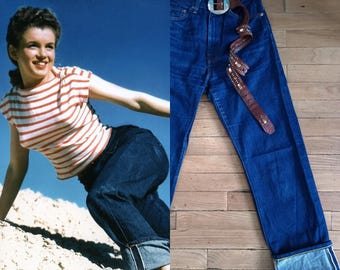 1950s Style Marvellous Marilyn Jeans / Vintage 50s Reproduction Levi's Levis 701 Big E Dark Indigo Blue Denim + Selvedge Selvage