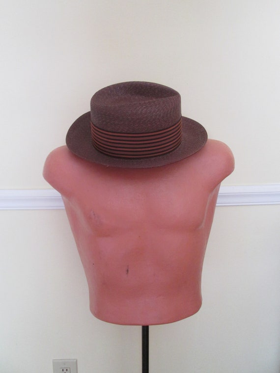 Vintage 1930s 30s Italian Brown Straw Men Hat wit… - image 7