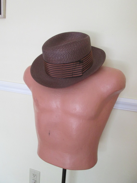 Vintage 1930s 30s Italian Brown Straw Men Hat wit… - image 2