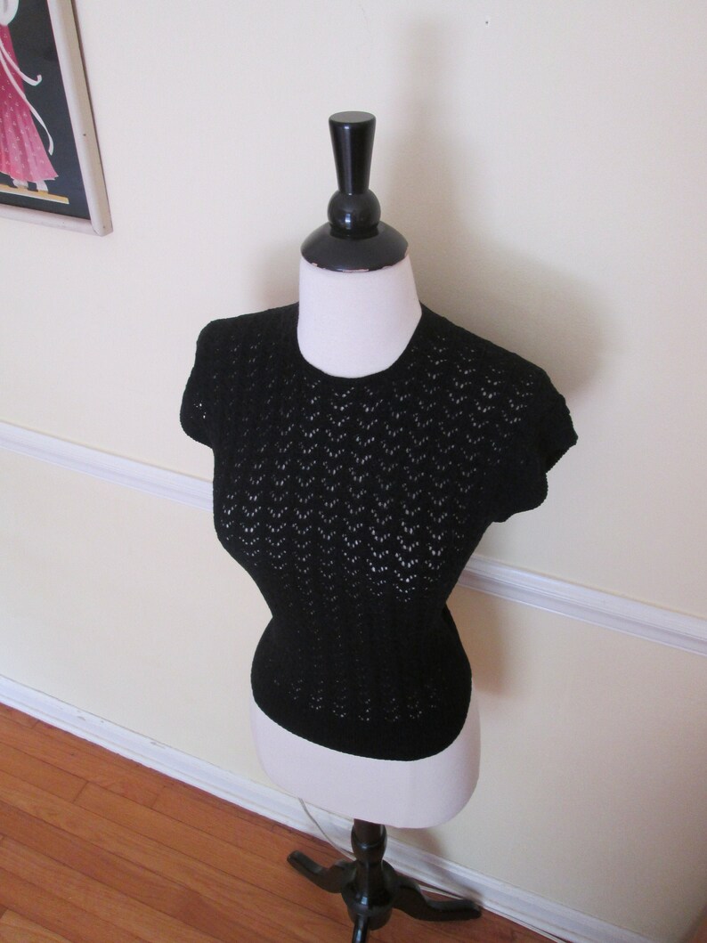 Bombshell Best Vintage 1950s 50s Black Cotton Crocheted Cable Knit Top Jumper wBat Wings Print and High Waistband Bad Girl-JD-Vixen-Pinup