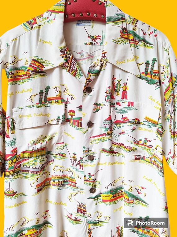 1940s Sam Stunning Souvenir Shirt / Vintage 40s White Rayon Men 