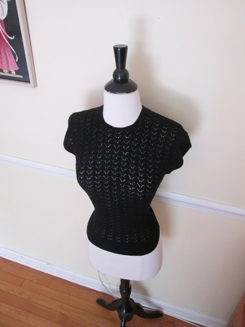 Bombshell Best Vintage 1950s 50s Black Cotton Crocheted Cable Knit Top Jumper wBat Wings Print and High Waistband Bad Girl-JD-Vixen-Pinup