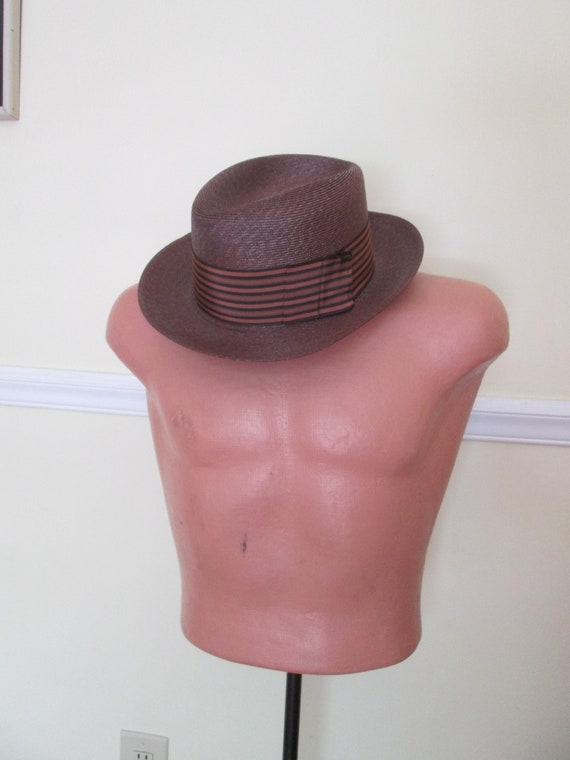 Vintage 1930s 30s Italian Brown Straw Men Hat wit… - image 1