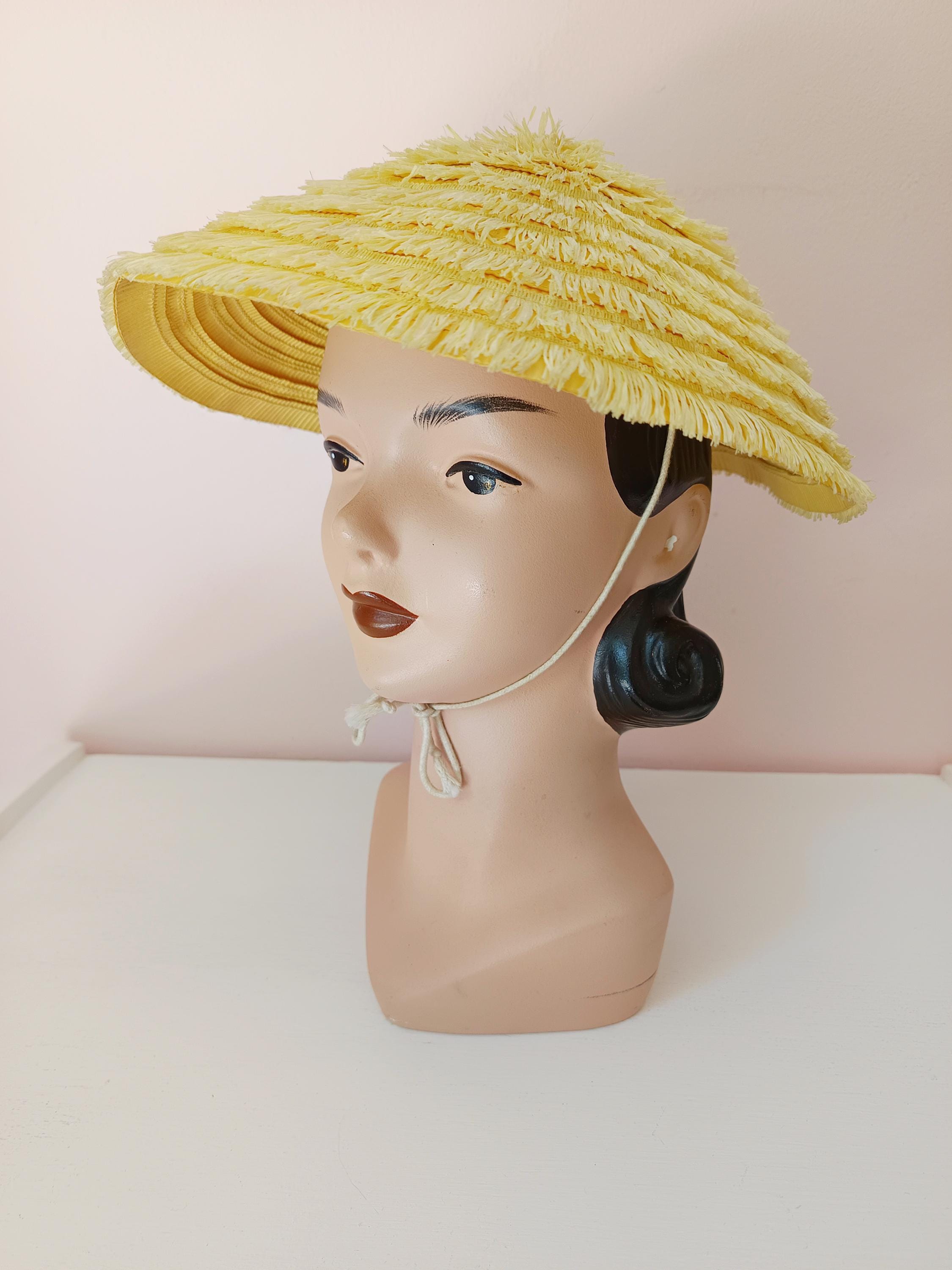 Chapeau Femme Vintage En Raphia Caramel Avec Boucle Plastique - Occasion Bon état