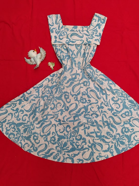 1940s Cheerful Cherub Dress / Vintage 40s White +… - image 1