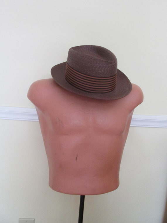 Vintage 1930s 30s Italian Brown Straw Men Hat wit… - image 6