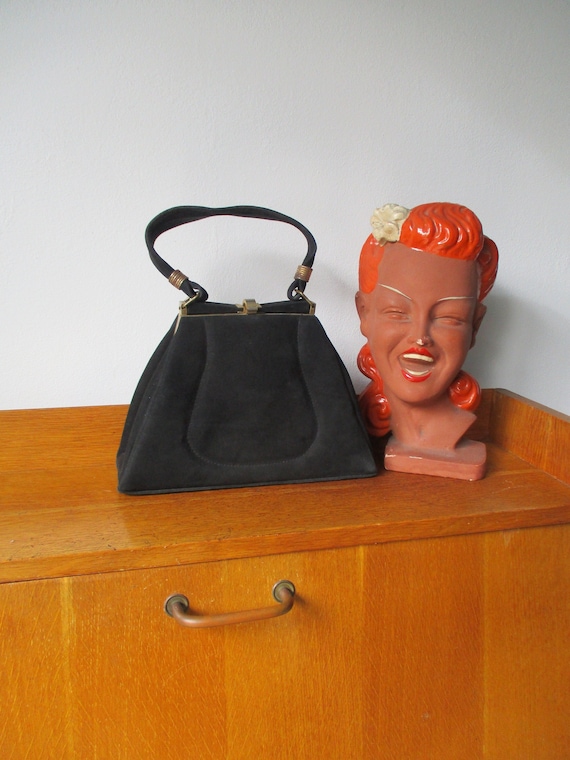 40’s French vintage handbag 1940s Finest French Art Deco Handbag / Vintage 40s Ink Black Suede