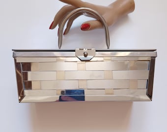 Magnífico bolso de caja metálica de los años 50 / Bolso de mano vintage de los años 50 tejido en plata y oro.